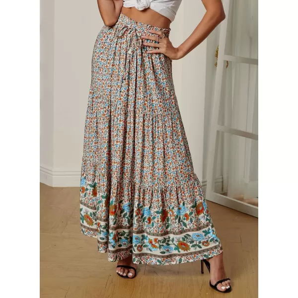 Happy Sailed Womens Floral Print Boho Maxi Skirt Elastic High Waist Pleated Ruffle Flowy Long Skirts S-XL