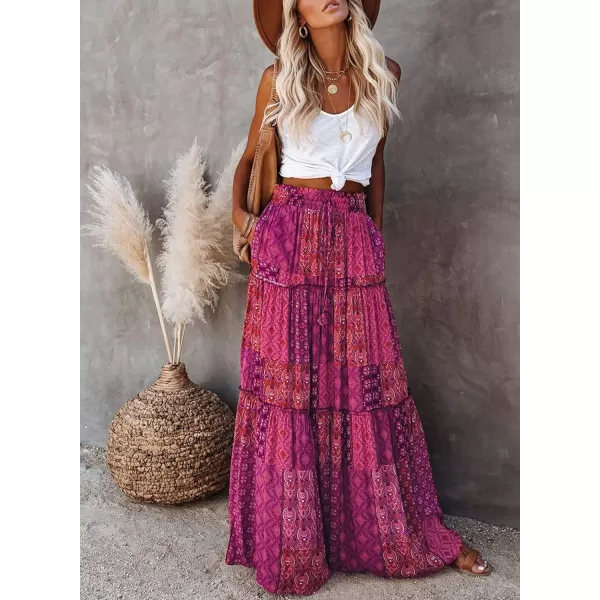 Happy Sailed Womens Floral Print Boho Maxi Skirt Elastic High Waist Pleated Ruffle Flowy Long Skirts S-XL