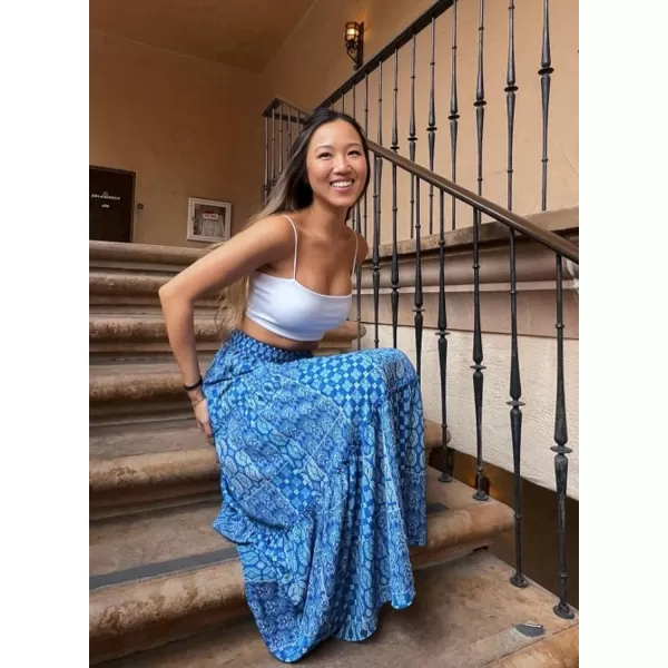 Happy Sailed Womens Floral Print Boho Maxi Skirt Elastic High Waist Pleated Ruffle Flowy Long Skirts S-XL