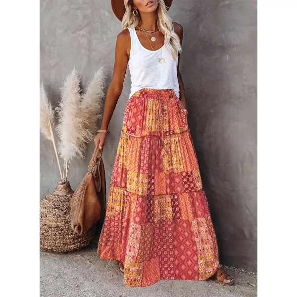 Happy Sailed Womens Floral Print Boho Maxi Skirt Elastic High Waist Pleated Ruffle Flowy Long Skirts S-XL