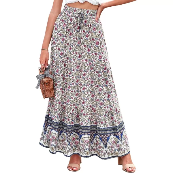 Happy Sailed Womens Floral Print Boho Maxi Skirt Elastic High Waist Pleated Ruffle Flowy Long Skirts S-XL