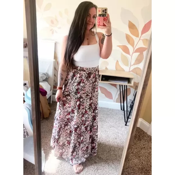 Happy Sailed Womens Floral Print Boho Maxi Skirt Elastic High Waist Pleated Ruffle Flowy Long Skirts S-XL