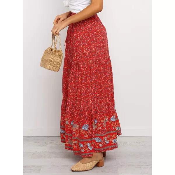 Happy Sailed Womens Floral Print Boho Maxi Skirt Elastic High Waist Pleated Ruffle Flowy Long Skirts S-XL