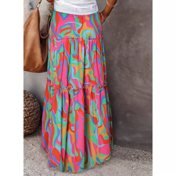 Happy Sailed Womens Floral Print Boho Maxi Skirt Elastic High Waist Pleated Ruffle Flowy Long Skirts S-XL