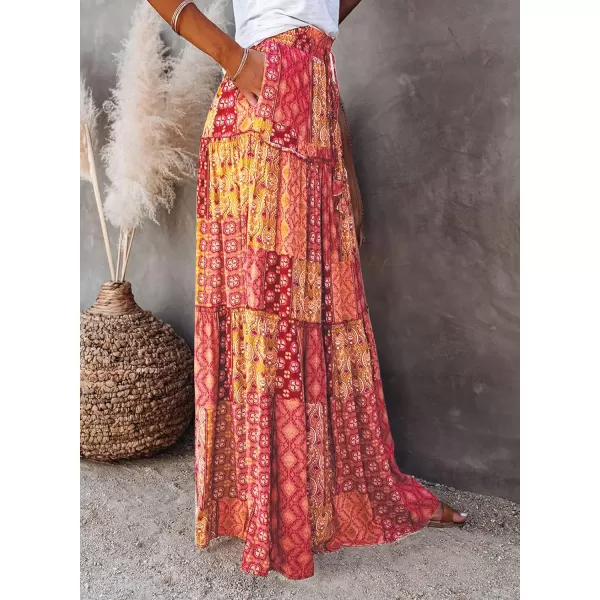 Happy Sailed Womens Floral Print Boho Maxi Skirt Elastic High Waist Pleated Ruffle Flowy Long Skirts S-XL