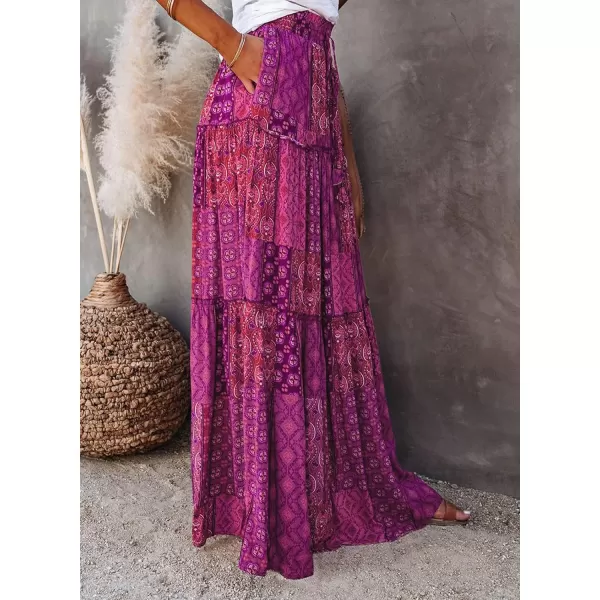 Happy Sailed Womens Floral Print Boho Maxi Skirt Elastic High Waist Pleated Ruffle Flowy Long Skirts S-XL