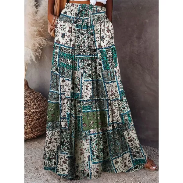 Happy Sailed Womens Floral Print Boho Maxi Skirt Elastic High Waist Pleated Ruffle Flowy Long Skirts S-XL