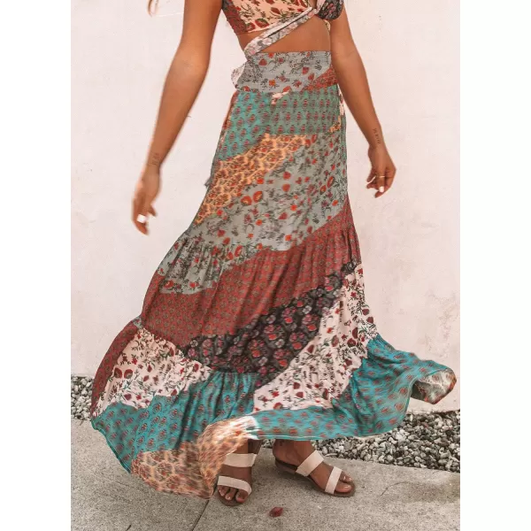 Happy Sailed Womens Floral Print Boho Maxi Skirt Elastic High Waist Pleated Ruffle Flowy Long Skirts S-XL