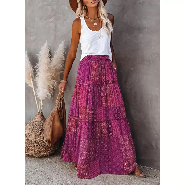 Happy Sailed Womens Floral Print Boho Maxi Skirt Elastic High Waist Pleated Ruffle Flowy Long Skirts S-XL