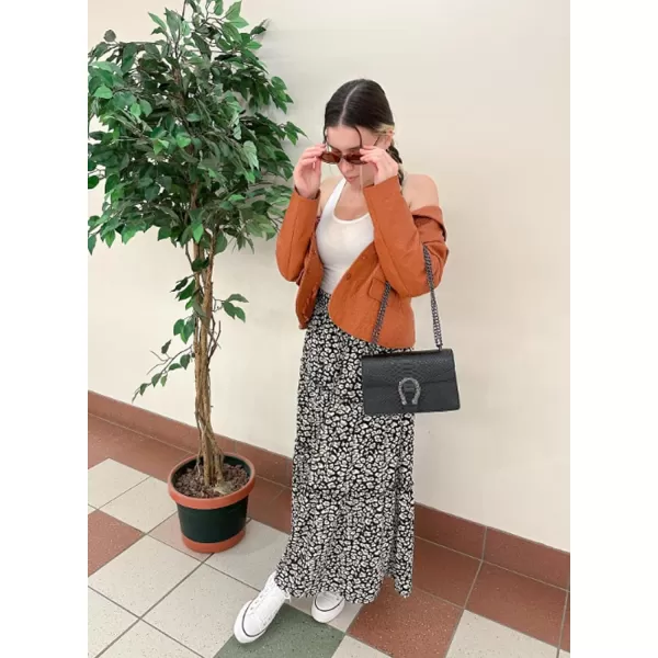 Happy Sailed Womens Floral Print Boho Maxi Skirt Elastic High Waist Pleated Ruffle Flowy Long Skirts S-XL