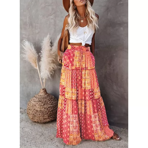 Happy Sailed Womens Floral Print Boho Maxi Skirt Elastic High Waist Pleated Ruffle Flowy Long Skirts S-XL