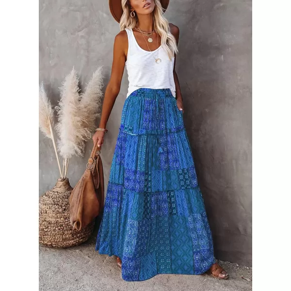 Happy Sailed Womens Floral Print Boho Maxi Skirt Elastic High Waist Pleated Ruffle Flowy Long Skirts S-XL