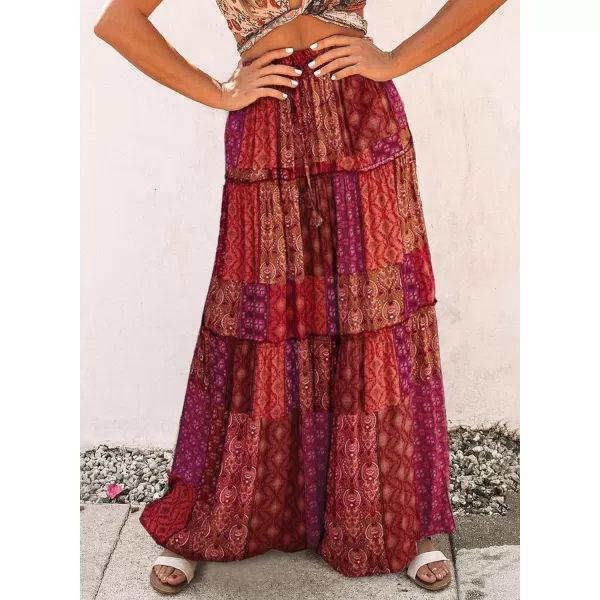 Happy Sailed Womens Floral Print Boho Maxi Skirt Elastic High Waist Pleated Ruffle Flowy Long Skirts S-XL