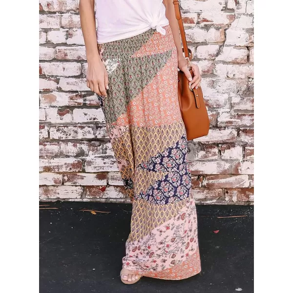 Happy Sailed Womens Floral Print Boho Maxi Skirt Elastic High Waist Pleated Ruffle Flowy Long Skirts S-XL