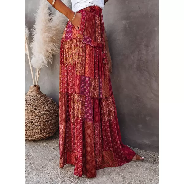 Happy Sailed Womens Floral Print Boho Maxi Skirt Elastic High Waist Pleated Ruffle Flowy Long Skirts S-XL