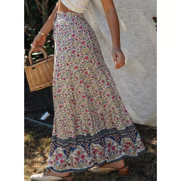Happy Sailed Womens Floral Print Boho Maxi Skirt Elastic High Waist Pleated Ruffle Flowy Long Skirts S-XL