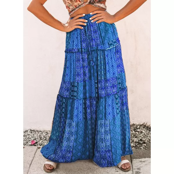 Happy Sailed Womens Floral Print Boho Maxi Skirt Elastic High Waist Pleated Ruffle Flowy Long Skirts S-XL