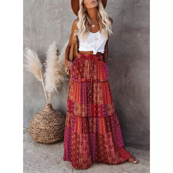 Happy Sailed Womens Floral Print Boho Maxi Skirt Elastic High Waist Pleated Ruffle Flowy Long Skirts S-XL
