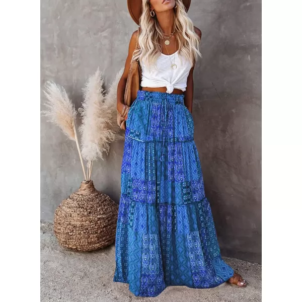 Happy Sailed Womens Floral Print Boho Maxi Skirt Elastic High Waist Pleated Ruffle Flowy Long Skirts S-XL