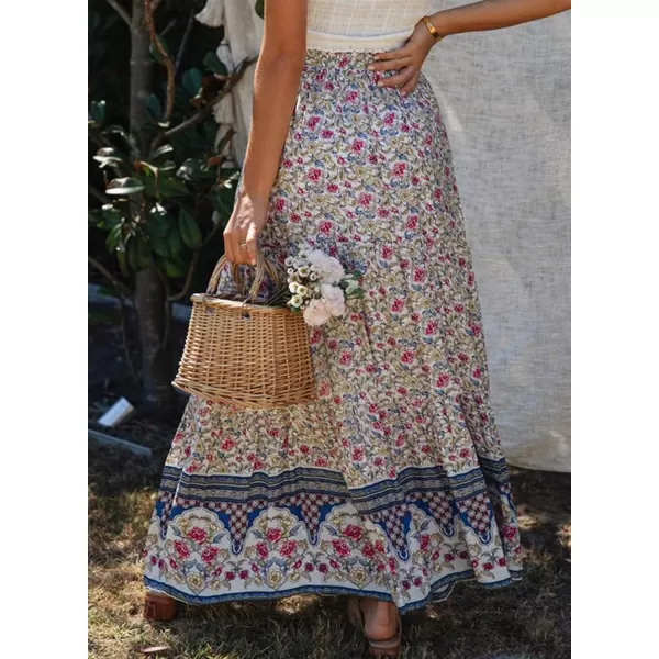 Happy Sailed Womens Floral Print Boho Maxi Skirt Elastic High Waist Pleated Ruffle Flowy Long Skirts S-XL