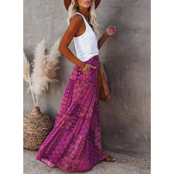 Happy Sailed Womens Floral Print Boho Maxi Skirt Elastic High Waist Pleated Ruffle Flowy Long Skirts S-XL