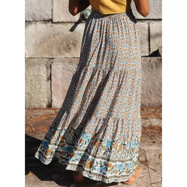 Happy Sailed Womens Floral Print Boho Maxi Skirt Elastic High Waist Pleated Ruffle Flowy Long Skirts S-XL