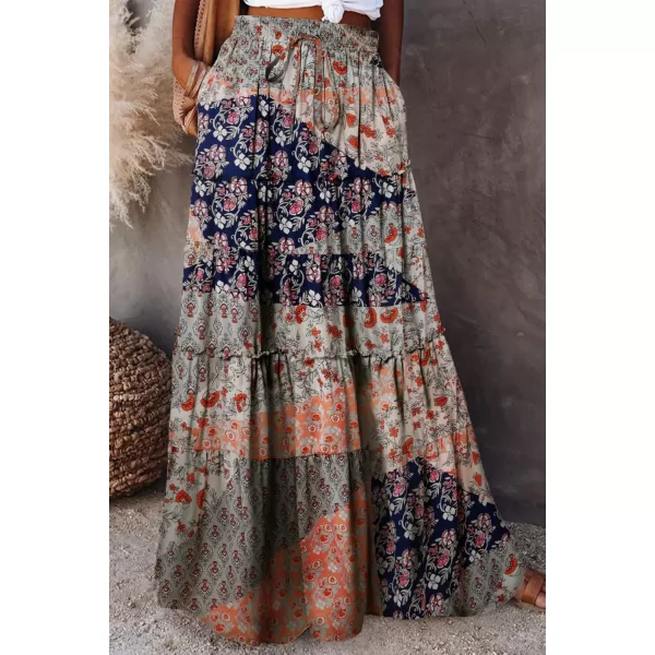 Happy Sailed Womens Floral Print Boho Maxi Skirt Elastic High Waist Pleated Ruffle Flowy Long Skirts S-XL