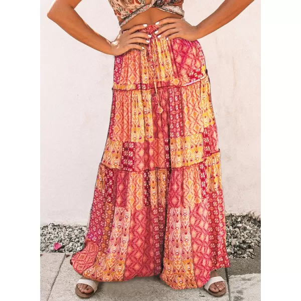 Happy Sailed Womens Floral Print Boho Maxi Skirt Elastic High Waist Pleated Ruffle Flowy Long Skirts S-XL