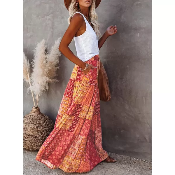 Happy Sailed Womens Floral Print Boho Maxi Skirt Elastic High Waist Pleated Ruffle Flowy Long Skirts S-XL