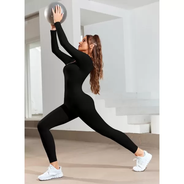 Happy Sailed Women's Jumpsuits Ribbed One Piece Workout Rompers Long Sleeve Front Zipper Bodycon Yoga Romper for Exercise