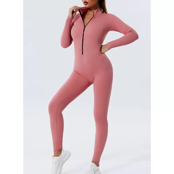 Happy Sailed Women's Jumpsuits Ribbed One Piece Workout Rompers Long Sleeve Front Zipper Bodycon Yoga Romper for Exercise