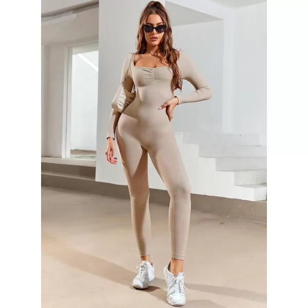 Happy Sailed Women's Jumpsuits Ribbed One Piece Workout Rompers Long Sleeve Front Zipper Bodycon Yoga Romper for Exercise