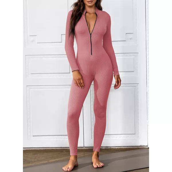Happy Sailed Women's Jumpsuits Ribbed One Piece Workout Rompers Long Sleeve Front Zipper Bodycon Yoga Romper for Exercise
