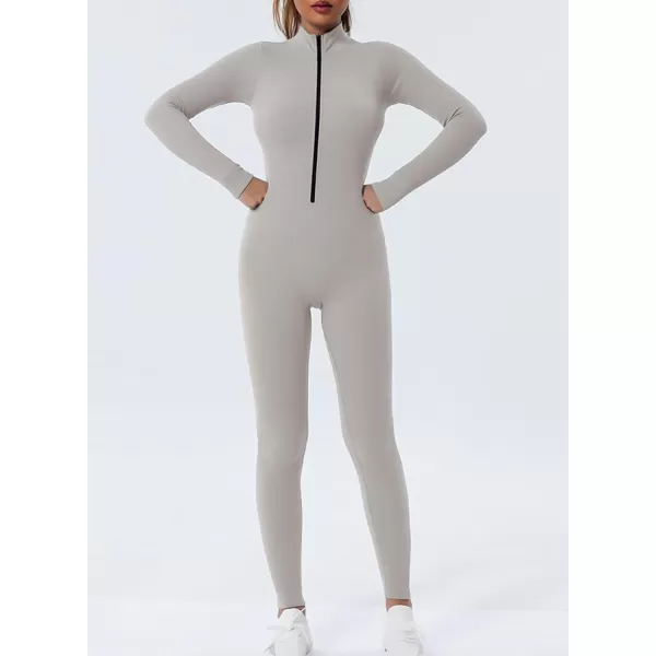Happy Sailed Women's Jumpsuits Ribbed One Piece Workout Rompers Long Sleeve Front Zipper Bodycon Yoga Romper for Exercise