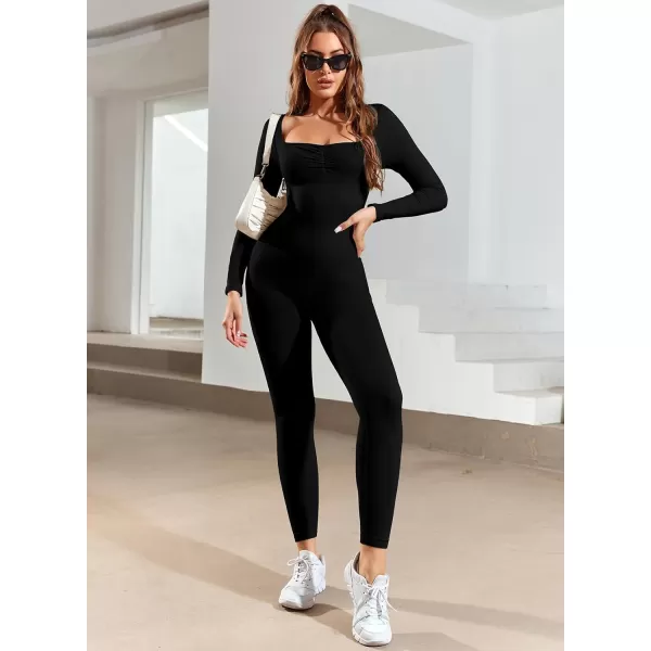 Happy Sailed Women's Jumpsuits Ribbed One Piece Workout Rompers Long Sleeve Front Zipper Bodycon Yoga Romper for Exercise