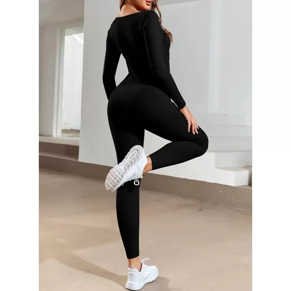 Happy Sailed Women's Jumpsuits Ribbed One Piece Workout Rompers Long Sleeve Front Zipper Bodycon Yoga Romper for Exercise