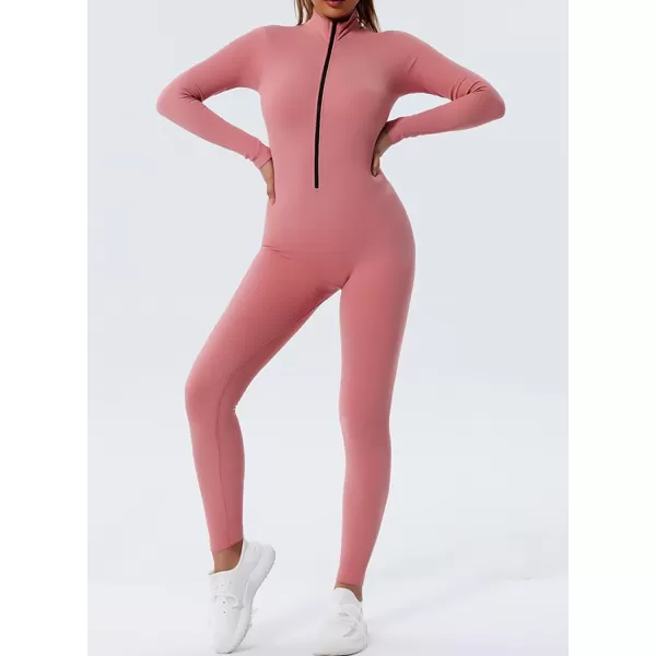 Happy Sailed Women's Jumpsuits Ribbed One Piece Workout Rompers Long Sleeve Front Zipper Bodycon Yoga Romper for Exercise