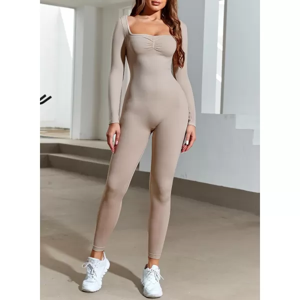 Happy Sailed Women's Jumpsuits Ribbed One Piece Workout Rompers Long Sleeve Front Zipper Bodycon Yoga Romper for Exercise