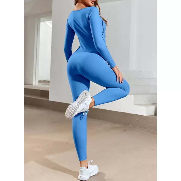 Happy Sailed Women's Jumpsuits Ribbed One Piece Workout Rompers Long Sleeve Front Zipper Bodycon Yoga Romper for Exercise