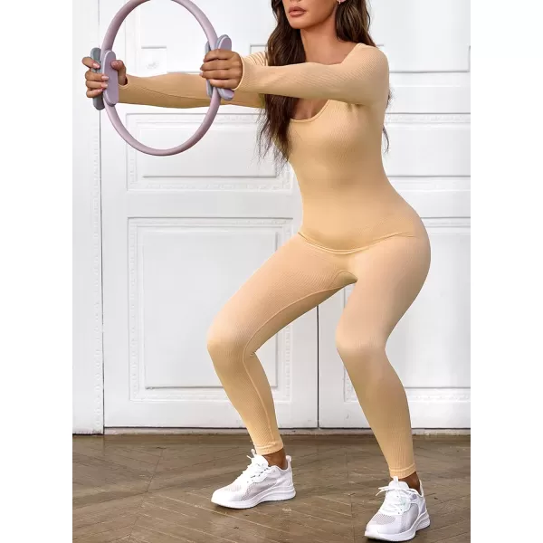 Happy Sailed Women's Jumpsuits Ribbed One Piece Workout Rompers Long Sleeve Front Zipper Bodycon Yoga Romper for Exercise