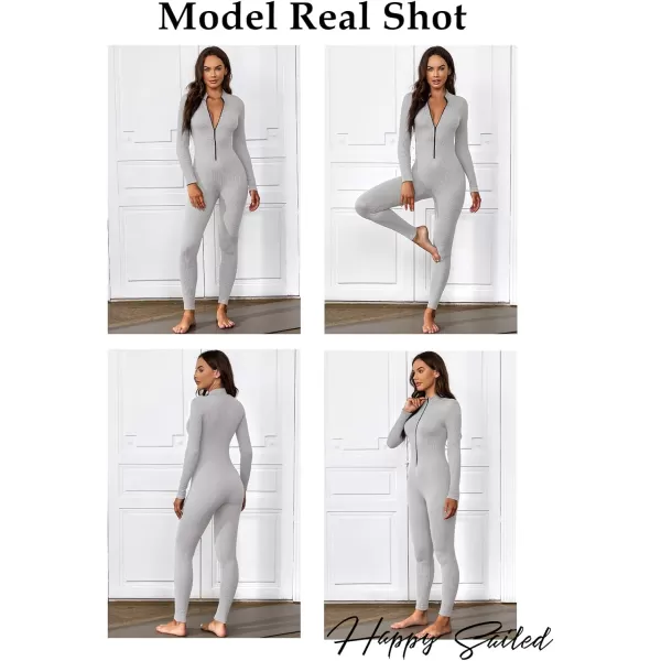 Happy Sailed Women's Jumpsuits Ribbed One Piece Workout Rompers Long Sleeve Front Zipper Bodycon Yoga Romper for Exercise