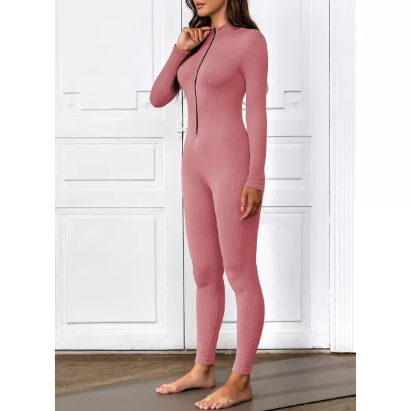 Happy Sailed Women's Jumpsuits Ribbed One Piece Workout Rompers Long Sleeve Front Zipper Bodycon Yoga Romper for Exercise