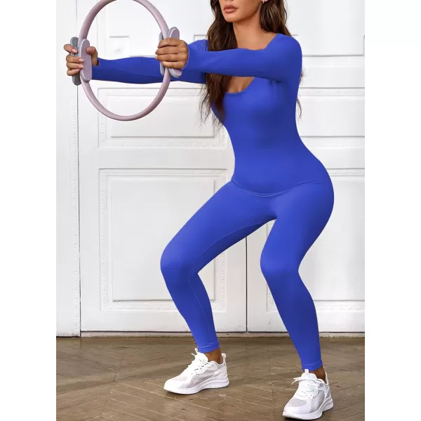 Happy Sailed Women's Jumpsuits Ribbed One Piece Workout Rompers Long Sleeve Front Zipper Bodycon Yoga Romper for Exercise