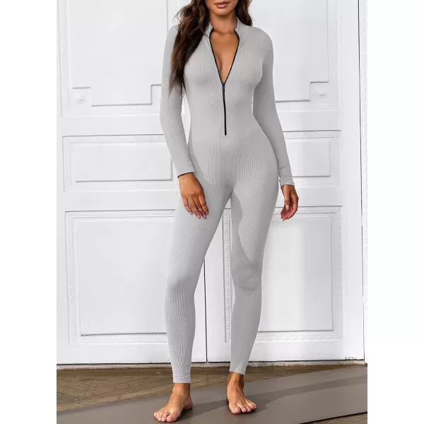 Happy Sailed Women's Jumpsuits Ribbed One Piece Workout Rompers Long Sleeve Front Zipper Bodycon Yoga Romper for Exercise