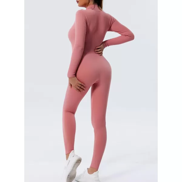 Happy Sailed Women's Jumpsuits Ribbed One Piece Workout Rompers Long Sleeve Front Zipper Bodycon Yoga Romper for Exercise