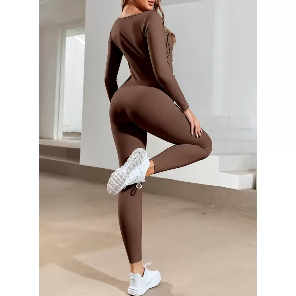 Happy Sailed Women's Jumpsuits Ribbed One Piece Workout Rompers Long Sleeve Front Zipper Bodycon Yoga Romper for Exercise