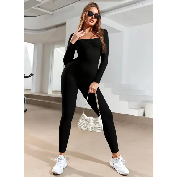 Happy Sailed Women's Jumpsuits Ribbed One Piece Workout Rompers Long Sleeve Front Zipper Bodycon Yoga Romper for Exercise
