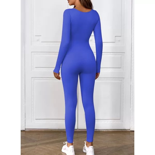 Happy Sailed Women's Jumpsuits Ribbed One Piece Workout Rompers Long Sleeve Front Zipper Bodycon Yoga Romper for Exercise
