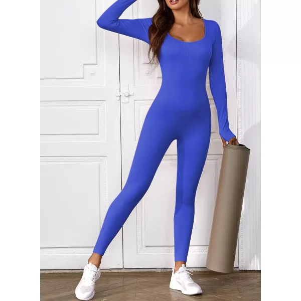 Happy Sailed Women's Jumpsuits Ribbed One Piece Workout Rompers Long Sleeve Front Zipper Bodycon Yoga Romper for Exercise