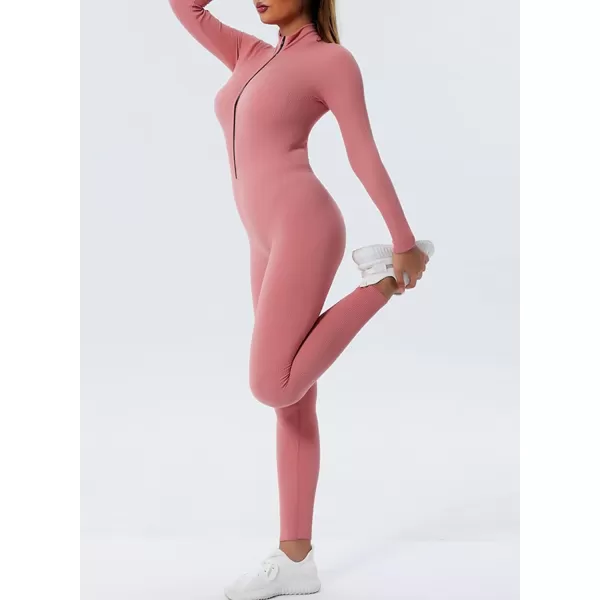 Happy Sailed Women's Jumpsuits Ribbed One Piece Workout Rompers Long Sleeve Front Zipper Bodycon Yoga Romper for Exercise